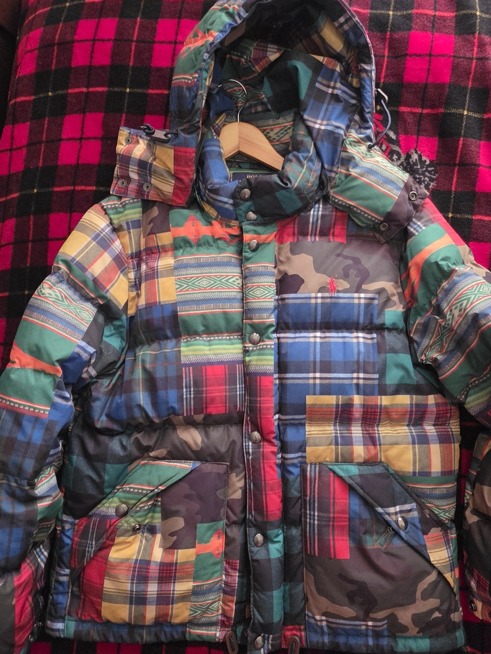 Polo Ralph Lauren Colorful Patchwork Plaid Hooded Puffer Jacket